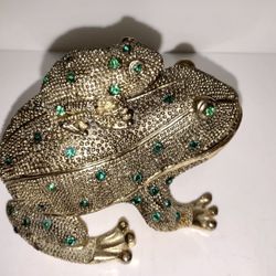 Brass Jeweled Frog Trinket Box/Paper Weight  ~ Selling AS IS Condition 