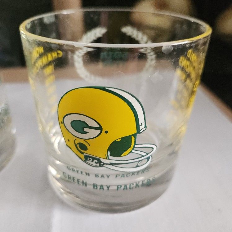 3.5" VINTAGE GREEN BAY PACKERS GLASS TUB OLD FASHION 50TH YEAR WORLD CHAMPIONS, QTY. 2