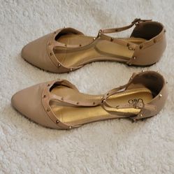WOMENS CATO FLAT POINTED TOE BALLET SHOES KHAKI WITH GOLD STUDS SIZE 11