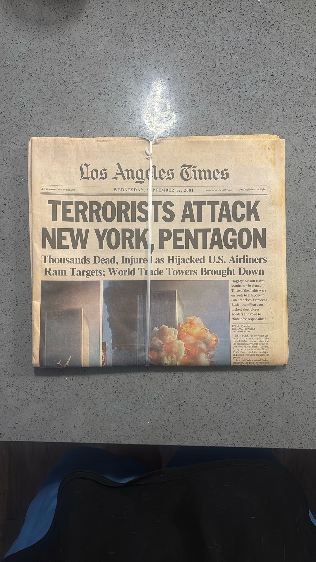 NY TIMES 9/12/2001 - Terrorists Attack New York, Pentagon