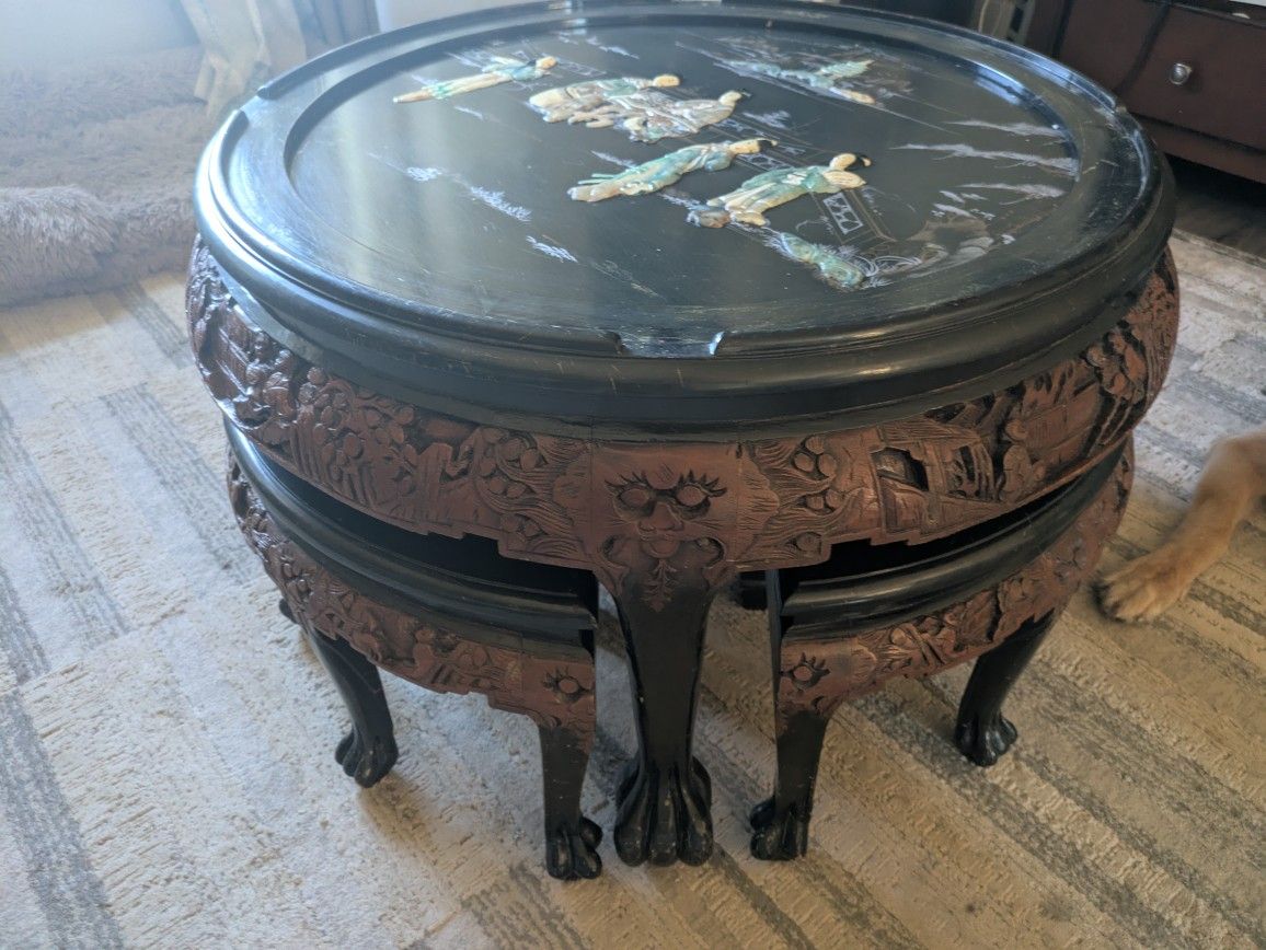 Antique Japanese Tea Table Jade & Ivory Under Glass