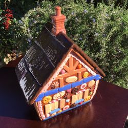 12” Vintage Duncan Enterprises Pottery Gingerbread House Cookie Jar & Lid - Compare @$175