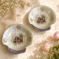 Vintage Y. Mizuno Japan Mini Shell Plates Set of 2 Lusterware Victorian Scene 5”