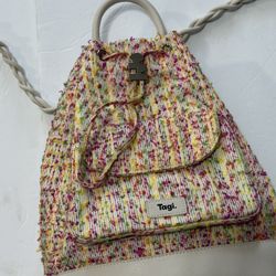 New Tagi Backpack Multicolored Tweed Decorative Straps Braided Great Condition 