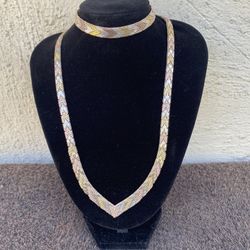 Tri Color Gold Tone 925 Sterling Silver V Pointed Choker Necklace And Bracelet Set..