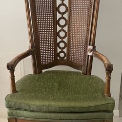 Rare Vintage Wooden Chair With Wicker And Green Cushion 