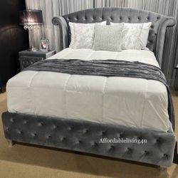 Queen Grey Velvet Bed Frame Brand New In Box