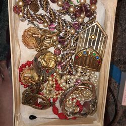 Antique Jewelry, Broaches, Hat pins, Beaded Necklaces Some Real Pearls , Costume Jewelry 2 Different Estates And Generations
