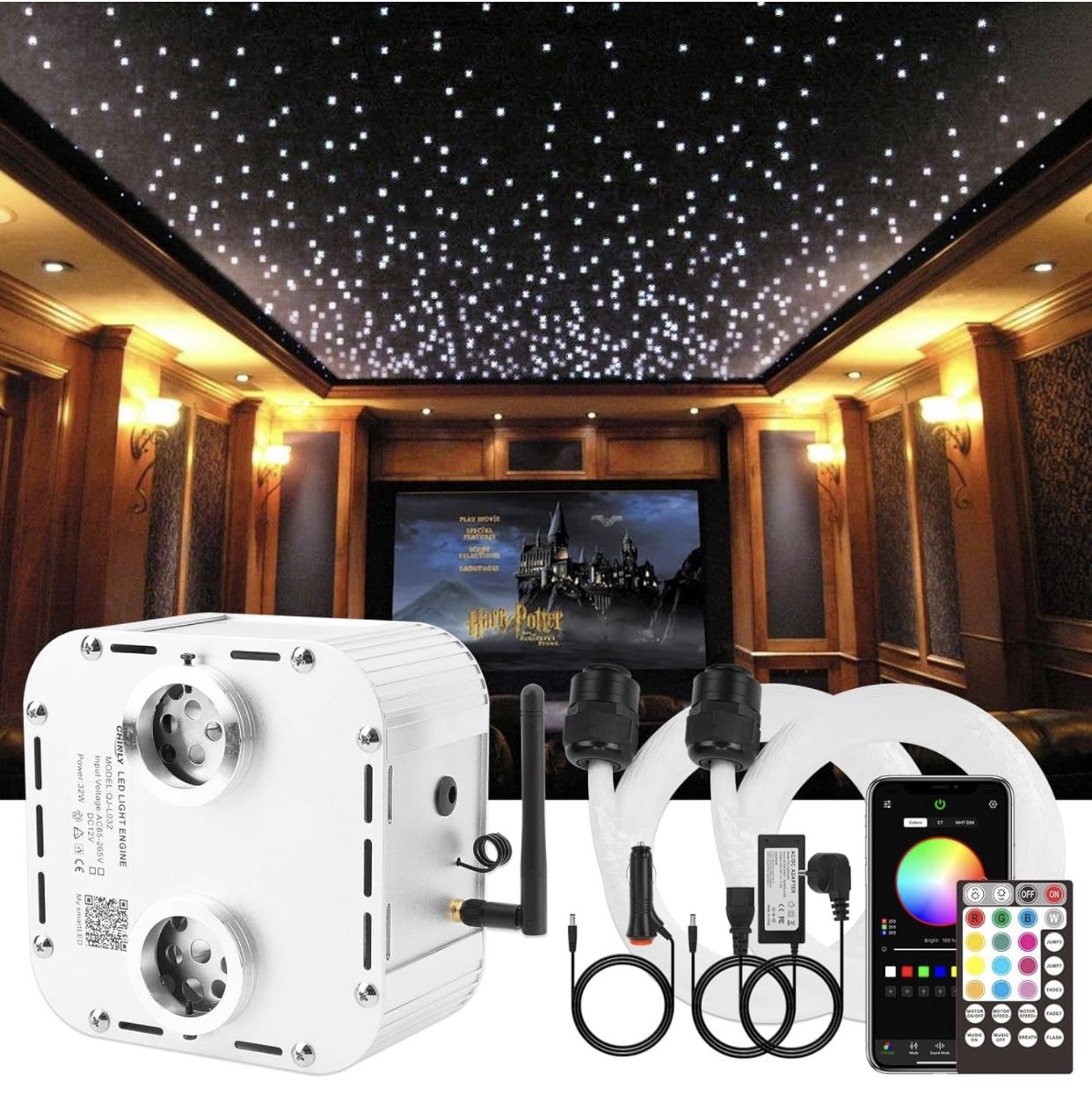 CHINLY 32W Twinkle 1600pcs 13.1ft 0.03in Fiber Optic Lights starlight headliner kit, Music Mode Bluetooth APP Control Remote, RGBW star roof lights fo