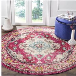 SAFAVIEH Monaco Collection Area Rug - 5' Round, Pink & Multi, Boho Chic Medallion Distressed Design,