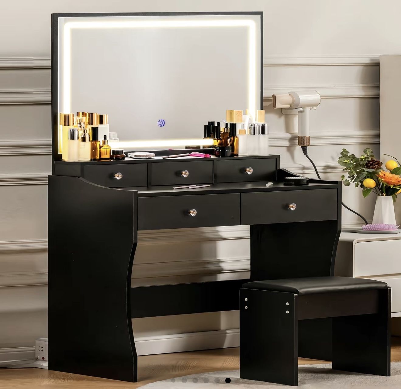 Makeup Vanity 5 Drawers LED Lights Mirror With Chair, Charging Station, 3 Adjustable Light Modes.