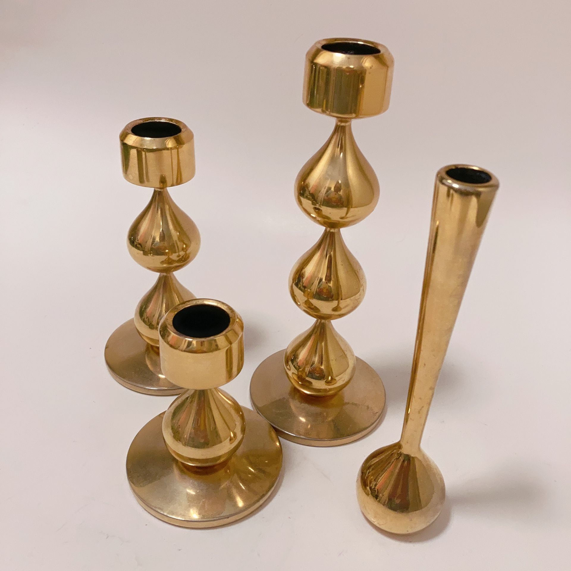 Mid Century Modern DESIGN ASMUSSEN 24K Gold Plate Solid Turned Brass Candlesticks by Hugo Asmussen, 1970s. Collection Of 4