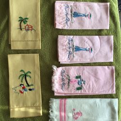 Vintage Lot Of 6Linen Hand Towels Hand Embroidered Puerto Rico 