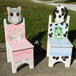Kid's Chairs Child Chair Cat and Dog Pets Painted Bedroom Playroom Decorative Set of 2