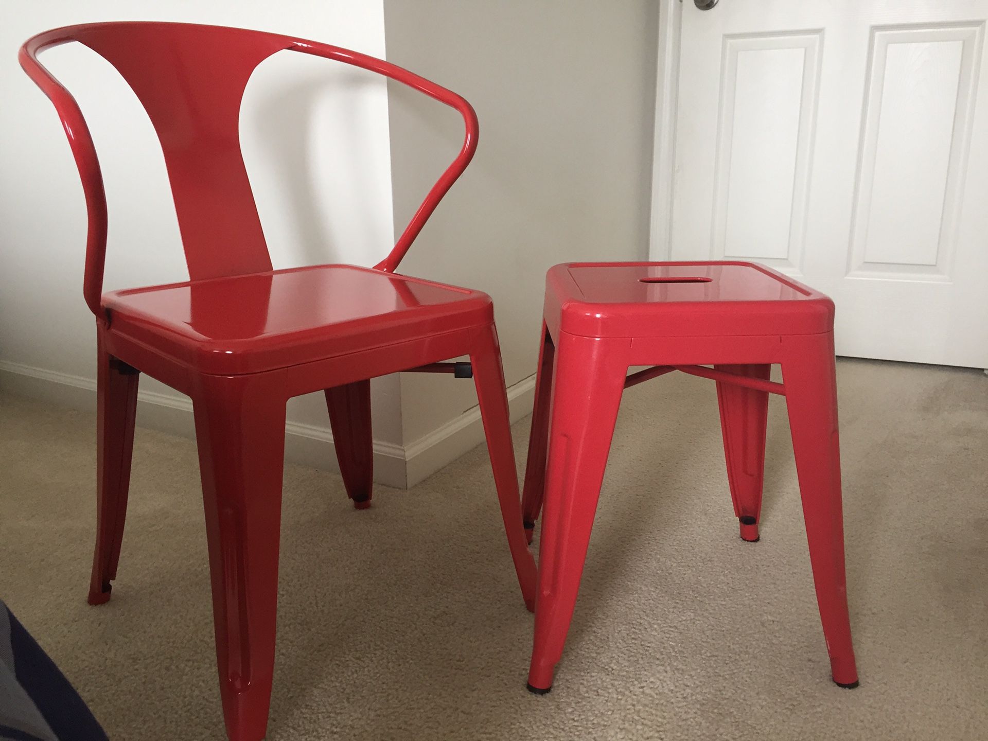 Red Metal Chair and Stool, Matching Touch Lamp and Red Metal Basket