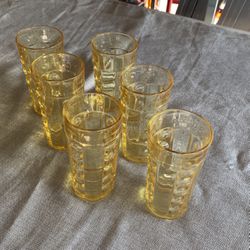 Retro Vintage Amber Yellow Drinking Glasses  Set Of 6