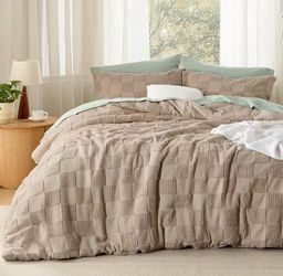 Cal King Size Comforter Sets Khaki, Vintage Boho Plaid Bedding 3 Pcs Checked Farmhouse-Style Bed Set