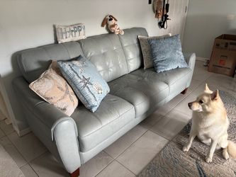 Aqua Leather Tufted 3-Seat Sofa and Recliner