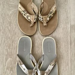 Size 8.5 - Sperry Flip Flops - 2 Pairs, Leopard Print & Silver - Women's Seafish Sandals
