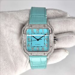 New Cartier Santos WSSA0009 Customer Watch - Auto – Turquoise Dial | Diamonds | Turquoise Leather Strap