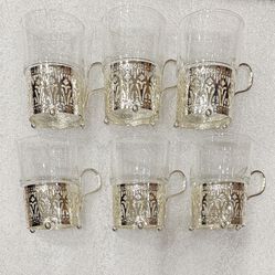 RARE VINTAGE MAYEL FILIGREE TEA GLASSES W/SILVER PLATED HANDLE. SET OF 6