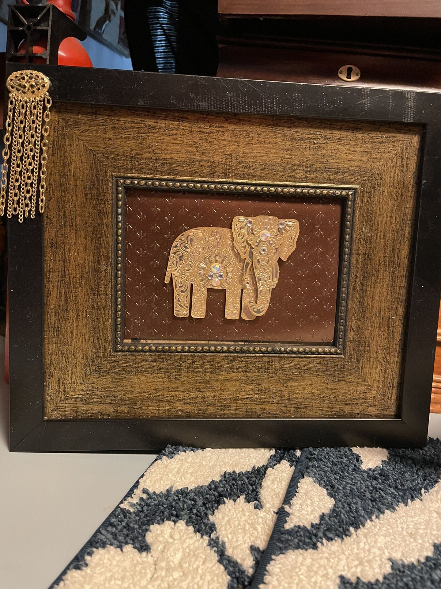 Elephant Embellished Picture, Elephant Collection Of 2 Large Elephants, 1 Smaller Wooden Carved Elephant And Table Top Interesting Pic Book Of Africa