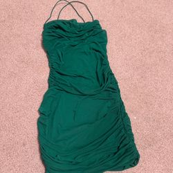 New Small green ruched stretchy mini mesh dress