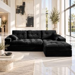 Modular Sectional Sofa, 102" L-Shaped Corduroy Couch, Set of Soft  Cloud Couch with Ottoman, Black N-11
