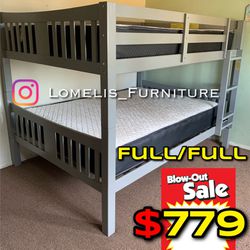 Full/Full Gray Wooden Bunk bed w. Ortho Mattresses Included 