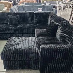 New 99x99 Black Corduroy Sectional Couch With Ottoman / Free Delivery 
