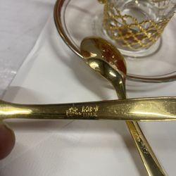 Vintage set of 6 Italian brass demitasse spoons by “ MPI “.  Everything shown in photos is included. 6 gold / brass spoons, 6 saucers, 5 glasses with 
