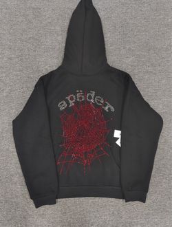 Sp5der Hoodie Black And Red Rhinestone V2 Size S