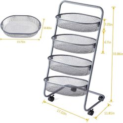 NEW 4 Tier Rolling Basket, Mesh Wire Multi-function Storage Cart Shelves with Wheels for Home Kitchen Pantries, Detachable Metal Basket Rack for Food