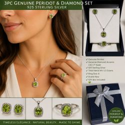 New 3PC Genuine Peridot & Diamond Halo Set w/ Gift Box – 925 Sterling Silver Ring Pendant Earrings