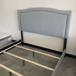 *NEW* Queen Blue Fabric Bed Frame With Nailhead Trim
