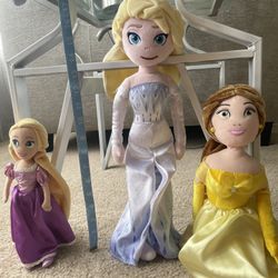 Lot of 3 Disney Plush Dolls- Tangled Rampunzel, Princess Belle Sitting, Elsa