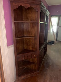 Tall Wood Corner Bookcase with Drawers