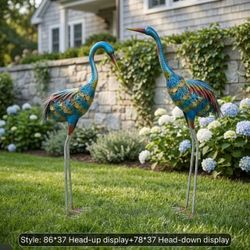 Metal Blue Heron Crane Garden Statues Outdoor Lawn Yard Art Sculptures Decor Set