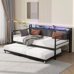 Twin Daybed with Pop up Trundle, LED Light & Charging Station, Linen Headboard