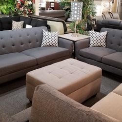 Brand New Ash Black Fabric Midcentury Modern Sofa + Loveseat 2PCs Set