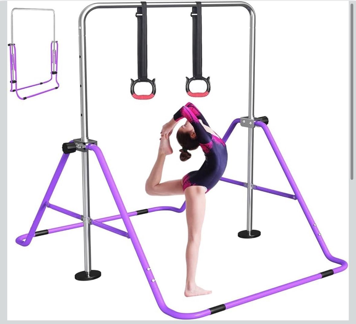 FBSPORT Kids Gymnastics Bar with Rings Adjustable Height Horizontal Bar, Folding Bar - NEW in Box