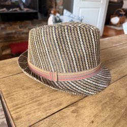 Vintage Woven Straw Fedora Hat Multicolor Striped Band Hipster Summer daper boho 
