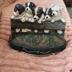 Adorable 5 Puppies On A Fence. Cast Iron Door  Stop 