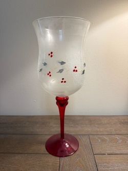 Frosted Wine Glass with Red Stem and Holly Design