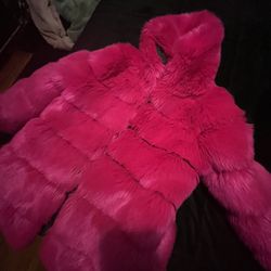 Pink fur jacket .
