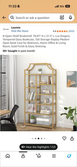 Tempered glass gold bookcase