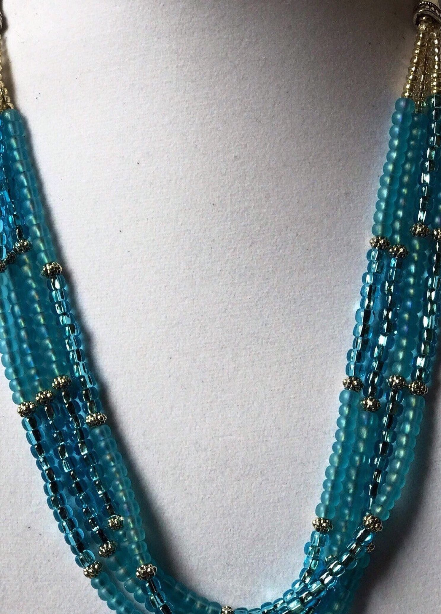 Multi Strands Necklace, Degrade Turquoise Blue Necklace, Turquoise Czech Glass Necklace, Beaded Necklace, Silver Turquoise Necklace