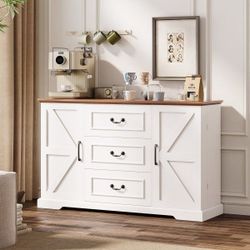 Farmhouse 54" Buffet Cabinet With Storage, White Sideboard Buffet Cabinet With 3 Drawer And Adjustab