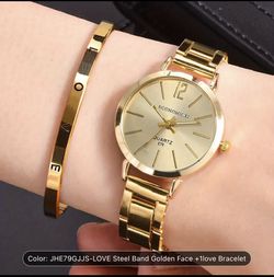 2pcs/set Womens Hip Hop Glamour Quartz Watch & Enchanting Love Bangle Set