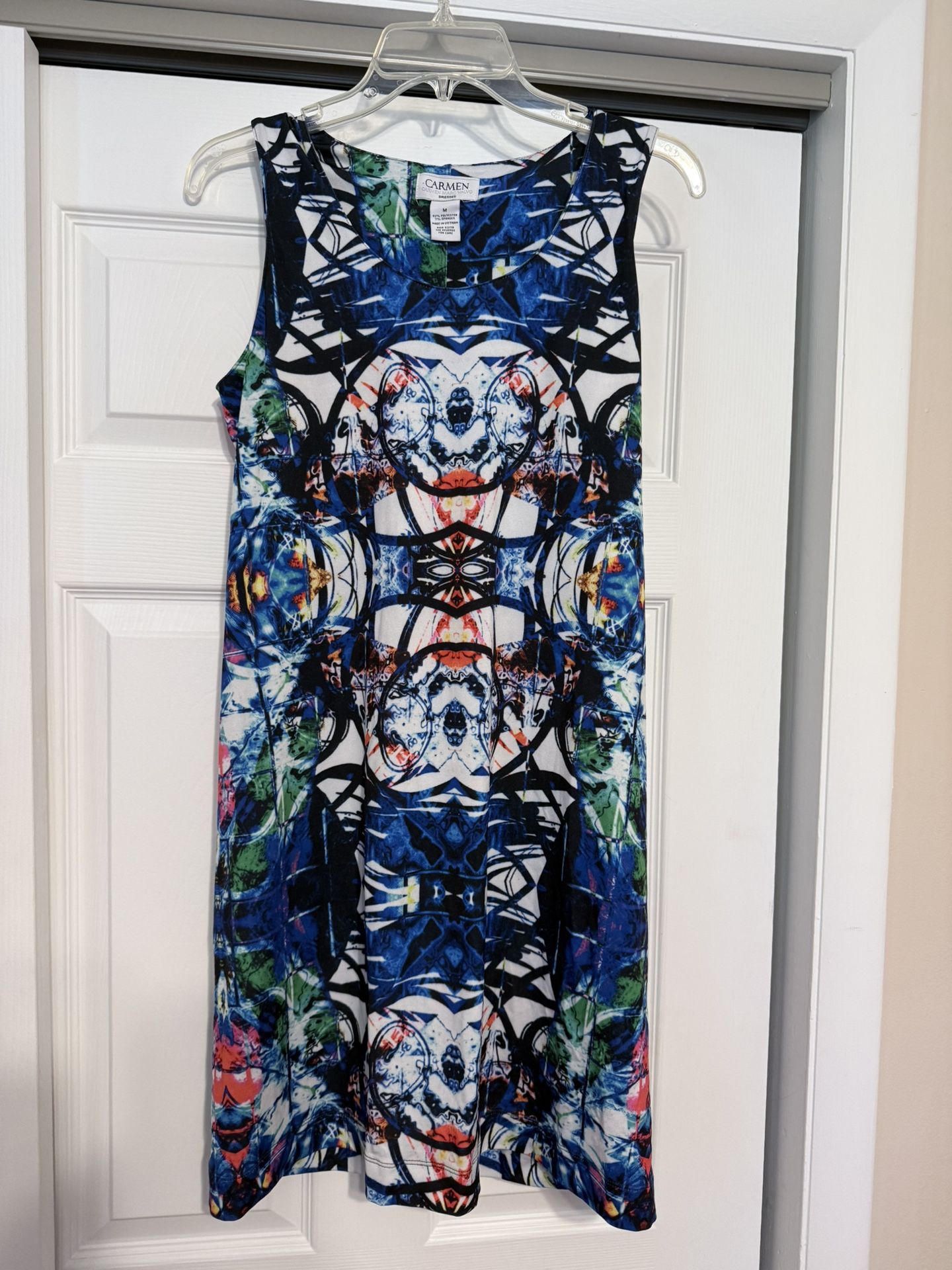 Carmen Marc Valvo Blue & Black Geometric Pattern Dress - Size Medium